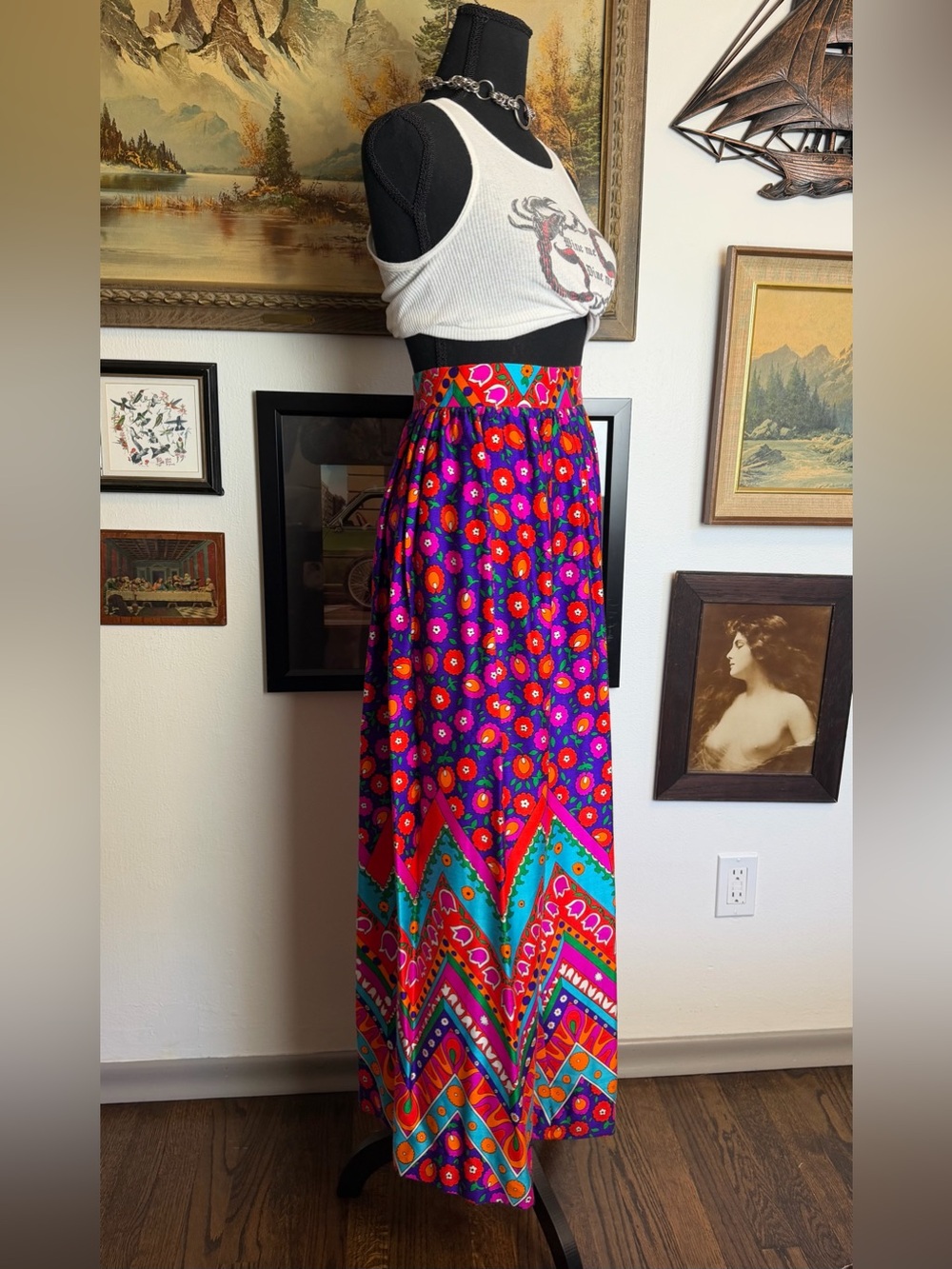 Vintage 1960s/70s Alex Colman California Mod Print Maxi Skirt XS 24" Waist - Picture 13 of 15